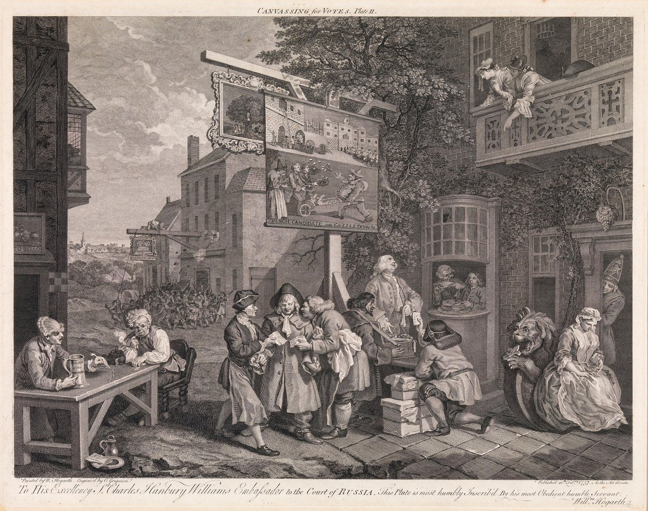 La elección, lámina 2: «Campaña de captación de votos» de William Hogarth