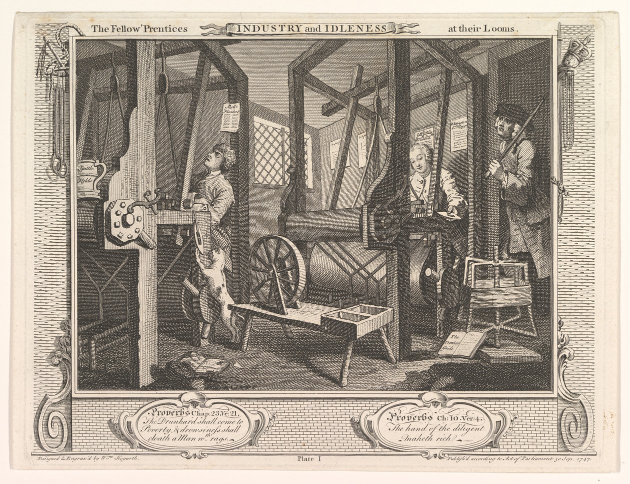 Los aprendices en sus telares Industria y Ociosidad, placa 1, 30 de septiembre de 1747 de William Hogarth