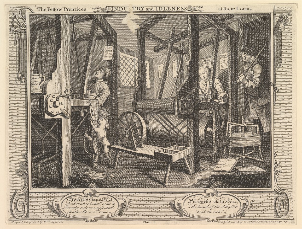 Los aprendices en sus telares: Industria y ociosidad, placa 1 de William Hogarth