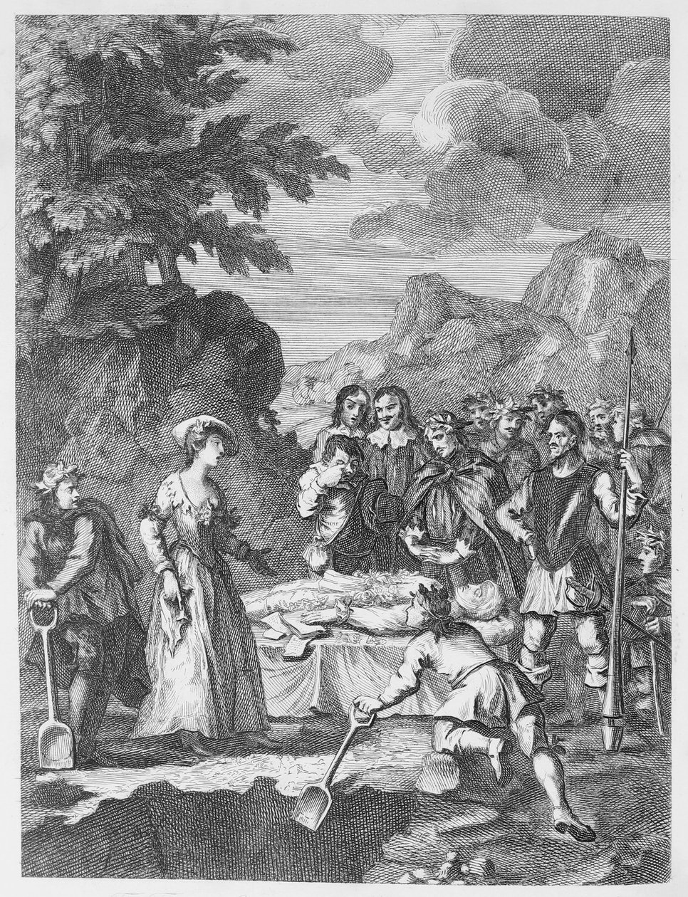 El funeral de Crisóstomo y Marcela defendiéndose de William Hogarth