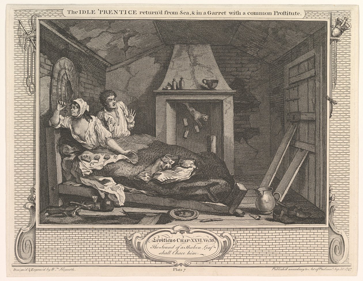 El aprendiz ocioso regresado del mar y en un desván con una prostituta común de William Hogarth