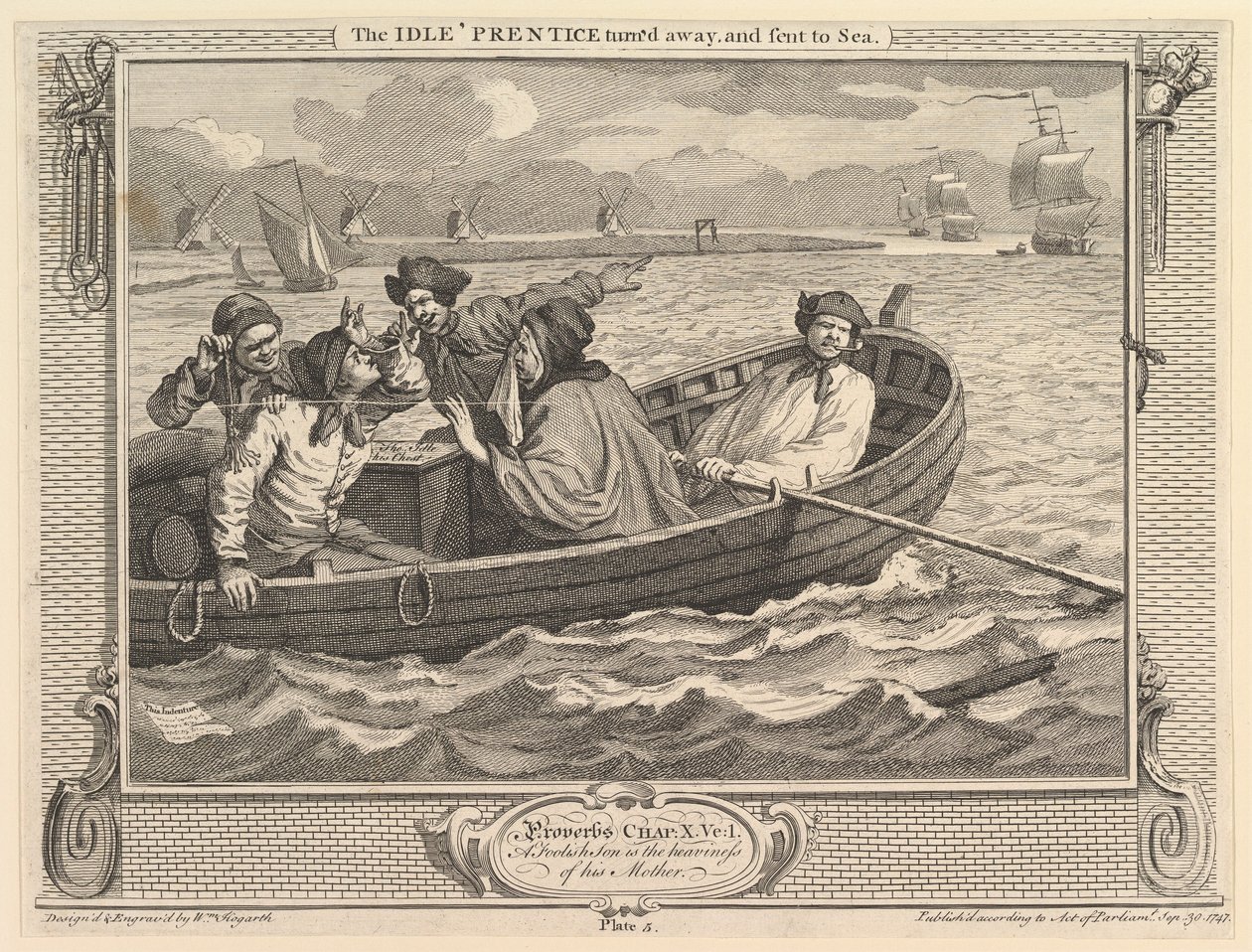 El aprendiz ocioso despedido y enviado al mar: Industria y ociosidad, placa 5, 30 de septiembre de 1747 de William Hogarth