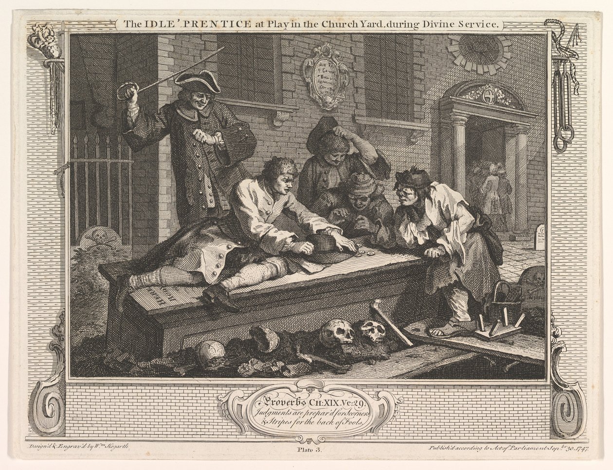 El aprendiz ocioso jugando en el cementerio, Industria y Ociosidad, placa 3, 30 de septiembre de 1747 de William Hogarth