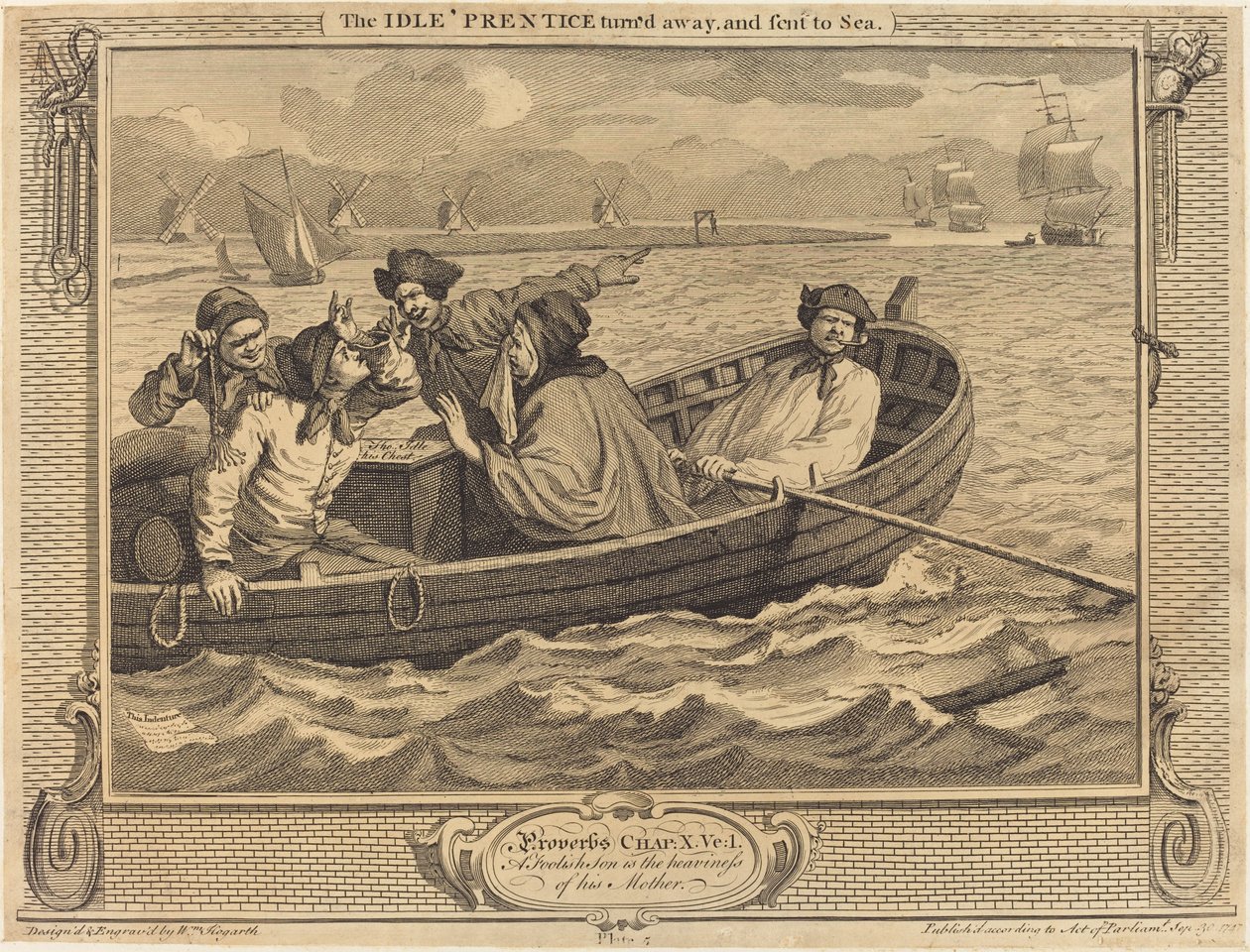 El Aprendiz Ocioso despedido y enviado al mar de William Hogarth
