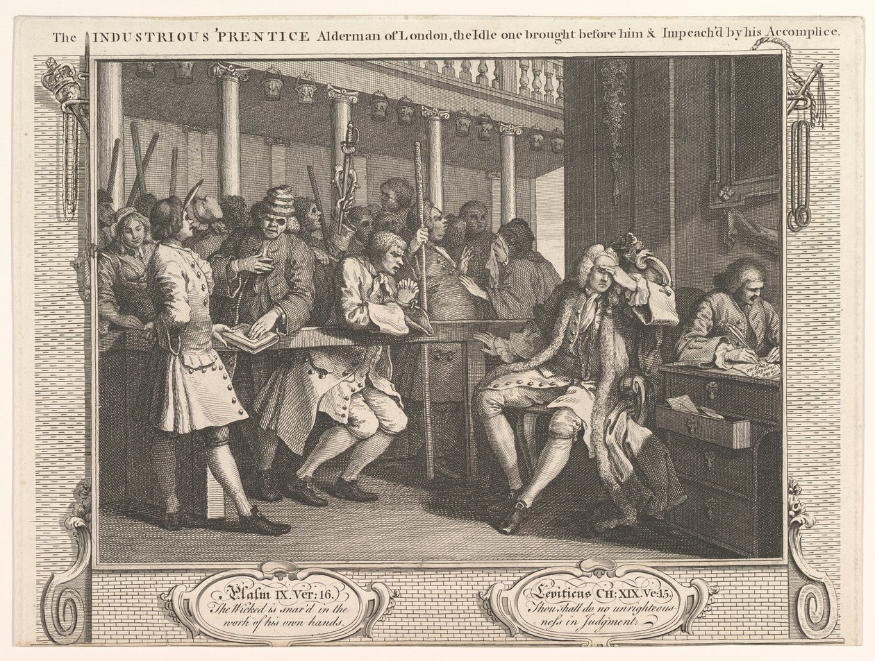 El Aprendiz Industrioso, Concejal de Londres, El Ocioso Llevado Ante Él de William Hogarth