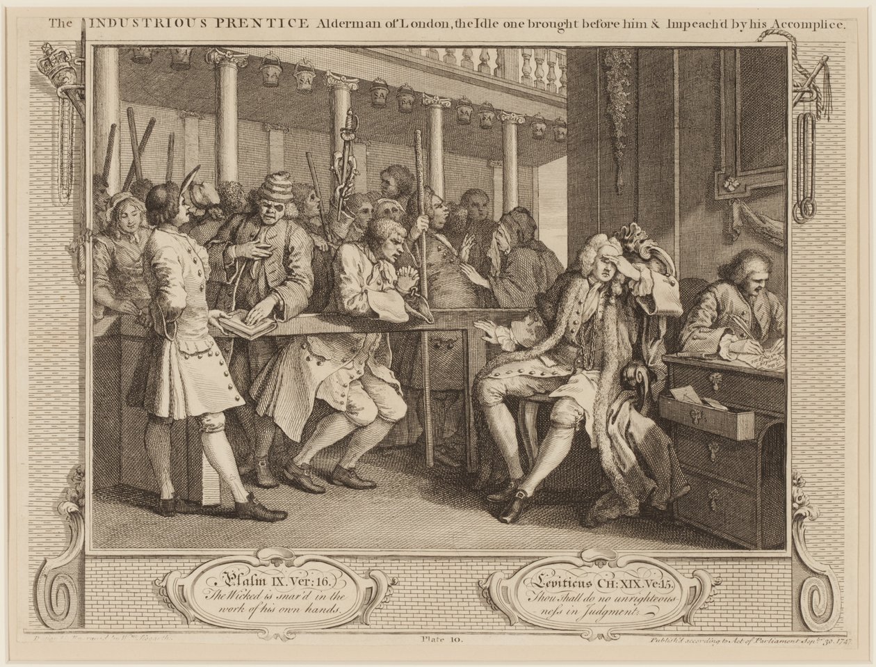 El aprendiz industrioso concejal de Londres: el ocioso llevado ante él y acusado por su cómplice de William Hogarth