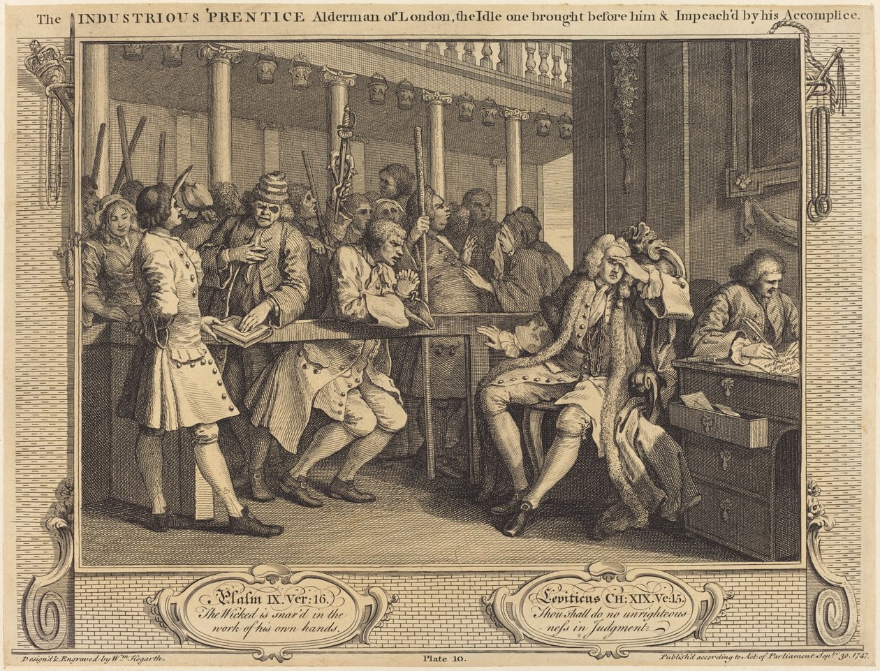 El aprendiz industrioso, concejal de Londres, el ocioso llevado ante él y acusado por su cómplice de William Hogarth