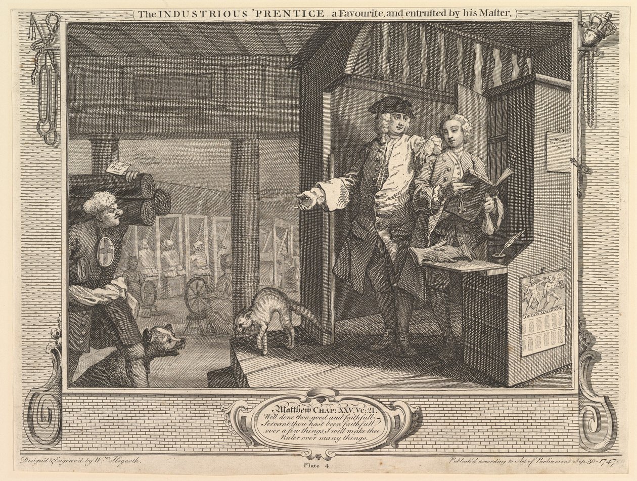 El aprendiz industrioso, un favorito y confiado por su maestro: Industria de William Hogarth