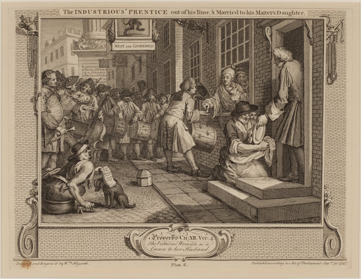 El aprendiz industrioso termina su tiempo y se casa con la hija de su maestro de William Hogarth