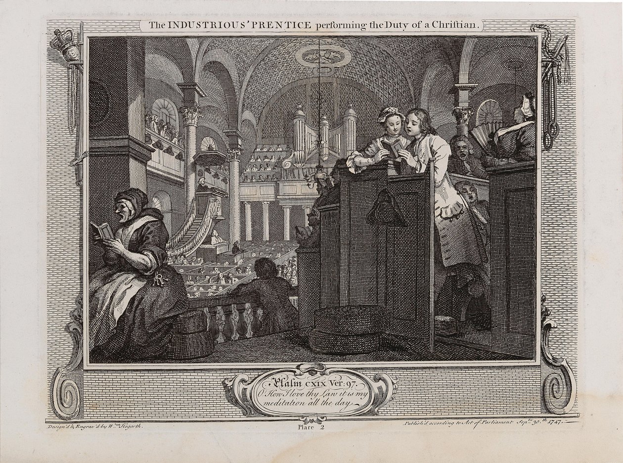 El aprendiz industrioso cumpliendo el deber de un cristiano. Serie Industria y Ociosidad, 1747 de William Hogarth