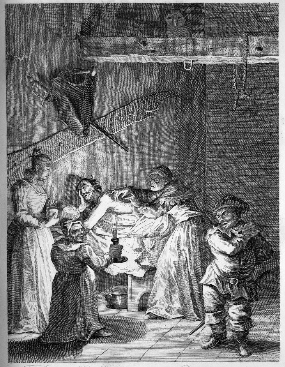 La esposa e hija del posadero cuidando de Don Quijote después de ser golpeado y magullado de William Hogarth