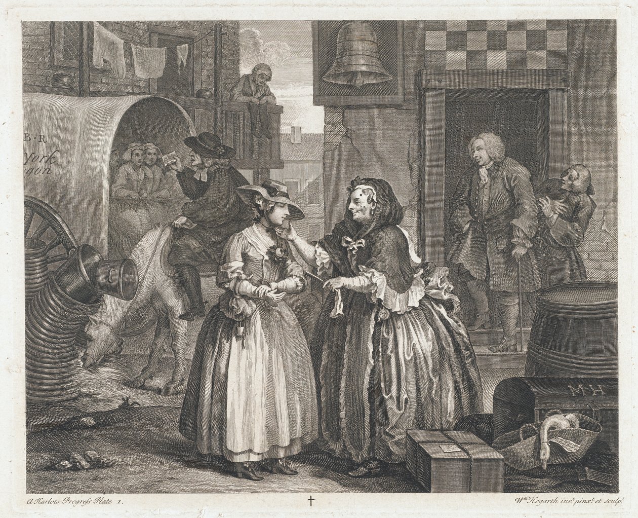 La chica inocente se convierte en ramera, diseñada 1732, impresa 1744 de William Hogarth