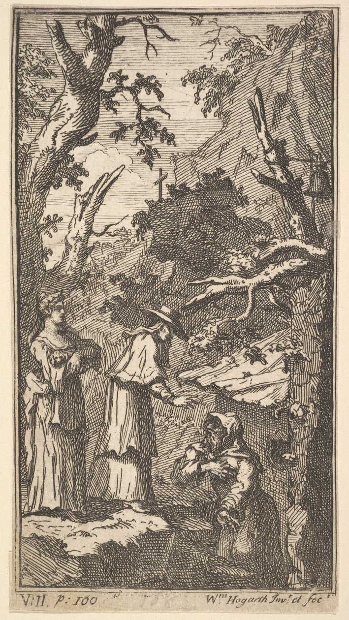 La nueva metamorfosis, Placa 7: El Cardenal, un ermitaño y Donna Angela sosteniendo a Fantasio, 1724 de William Hogarth