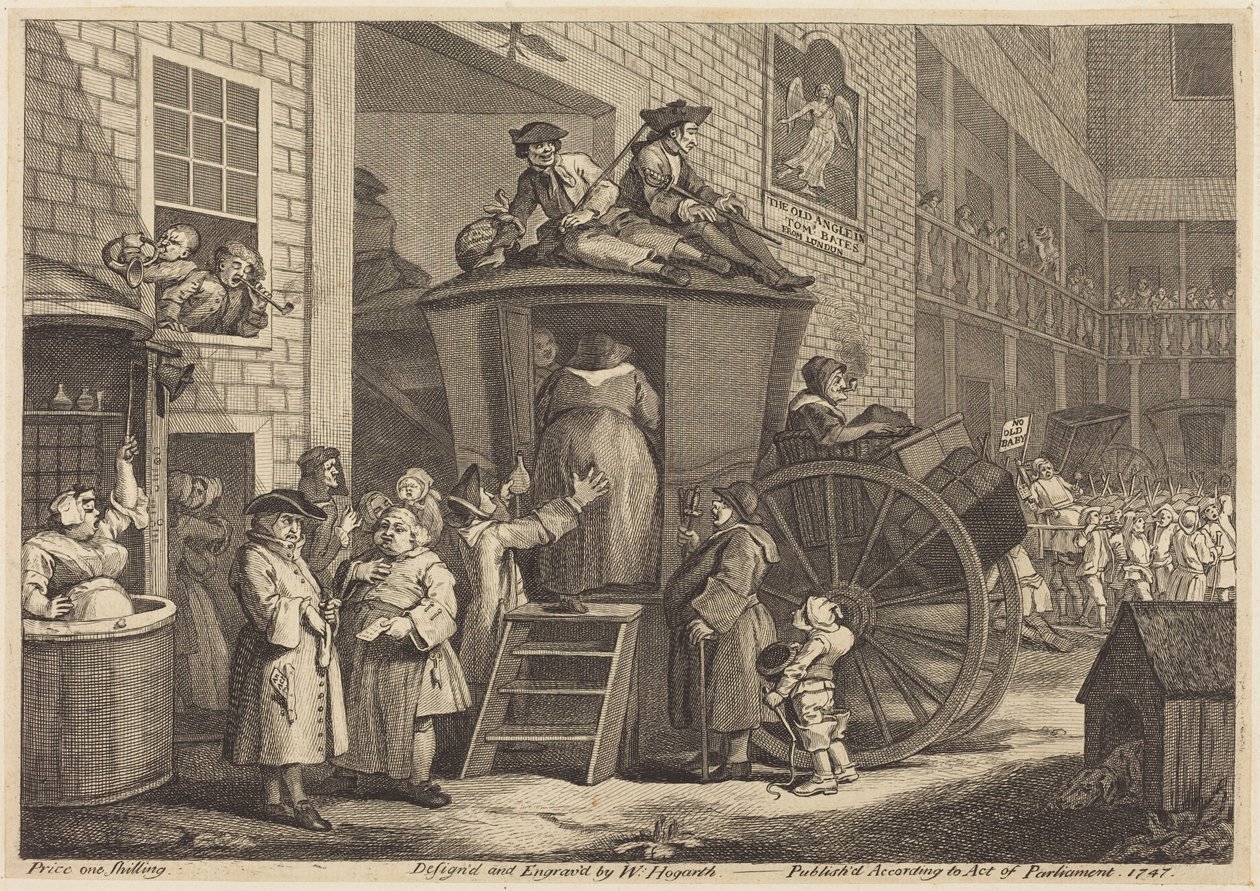 La diligencia, o el patio de la posada rural de William Hogarth