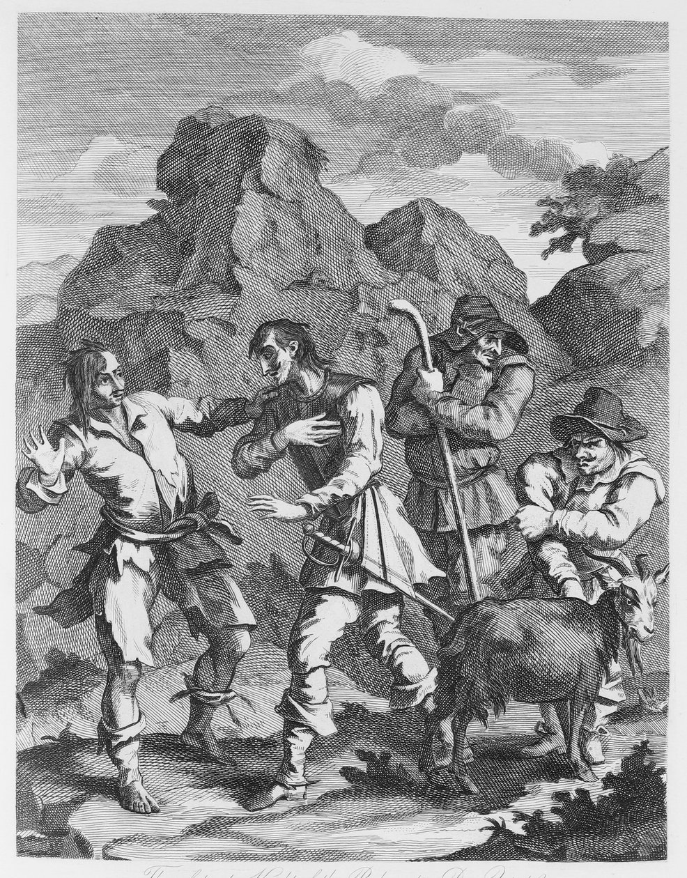 El caballero desafortunado del peñasco encontrándose con Don Quijote de William Hogarth