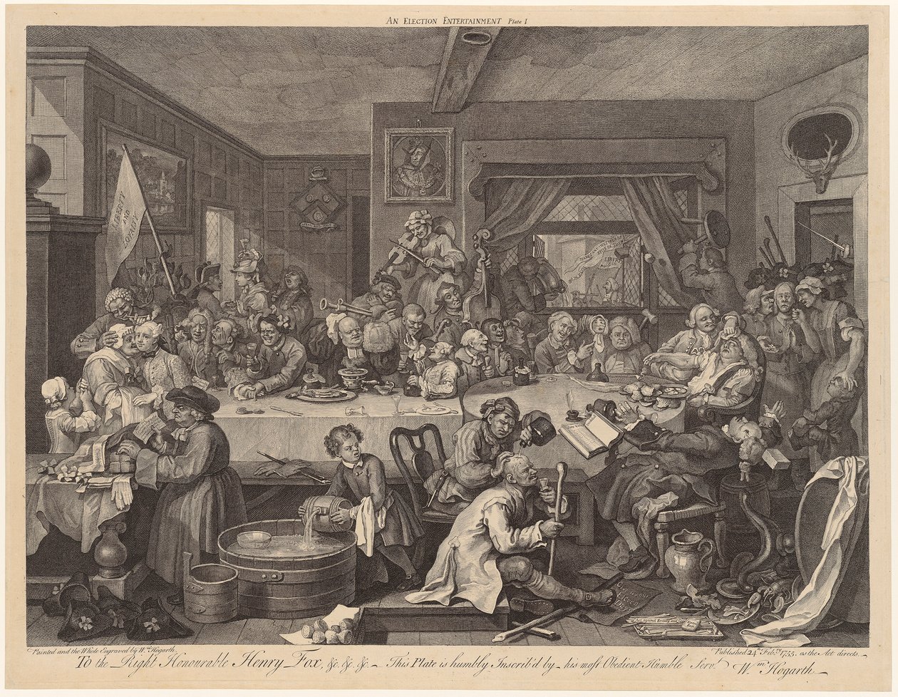 Banquete electoral, lámina 1 de la serie «Las elecciones» de William Hogarth