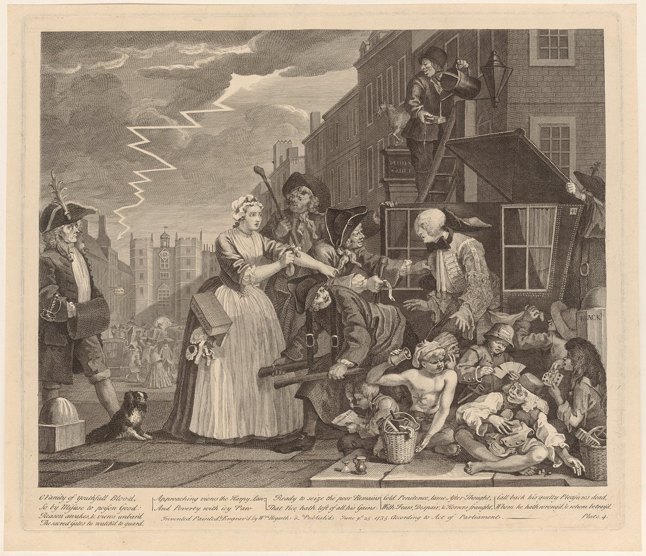 Arrestado por deudas, lámina 4 de la serie «La carrera de un libertino» de William Hogarth