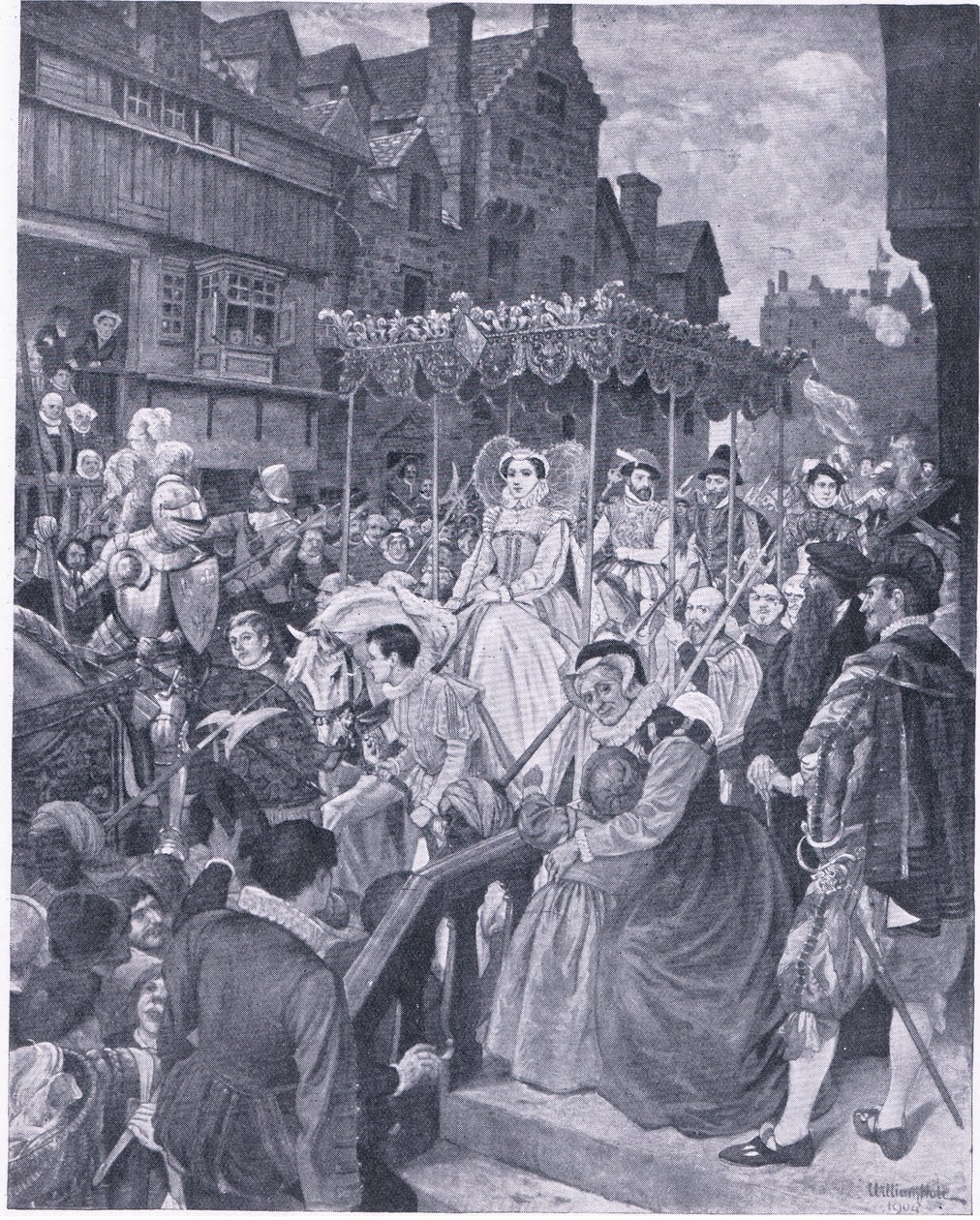 La entrada estatal de la Reina María en Edimburgo 1561, de la Historia del Pueblo Británico de Cassell publicada por la Waverley Book Company, c.1950