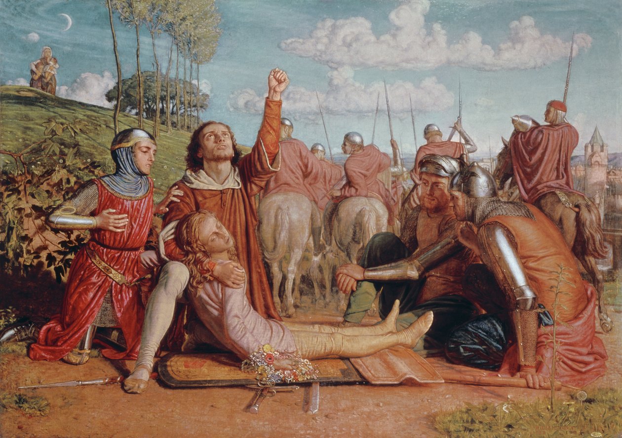 Rienzi jurando obtener justicia por la muerte de su joven hermano, asesinado en una escaramuza entre las facciones Colonna y Orsini, 1849-49 de William Holman Hunt