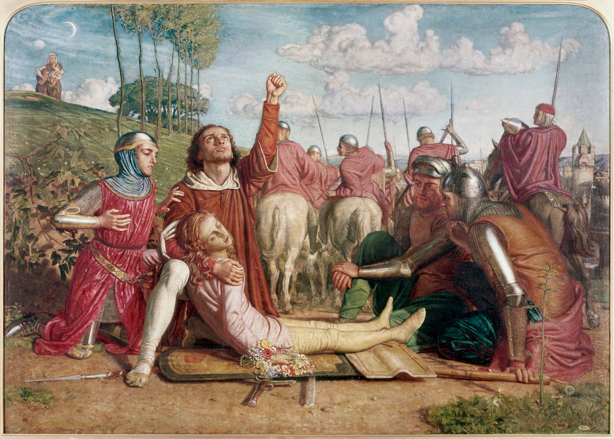 Rienzi jura obtener reparación por la muerte de su joven hermano víctima de una escaramuza entre los Orsini y los Colonna de William Holman Hunt