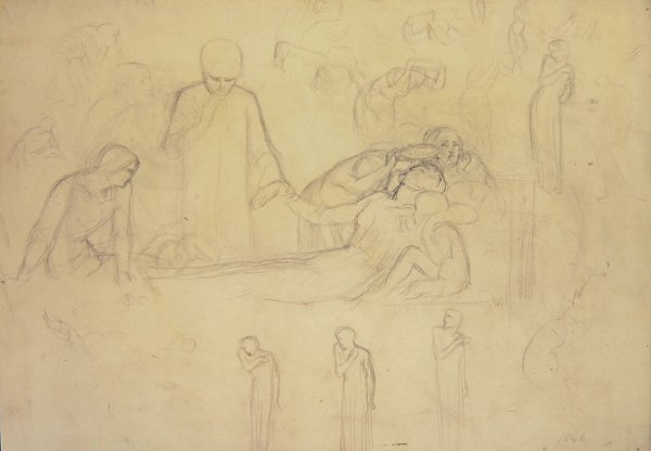 Estudios para las figuras del doctor, los dolientes y Minerva de William Holman Hunt