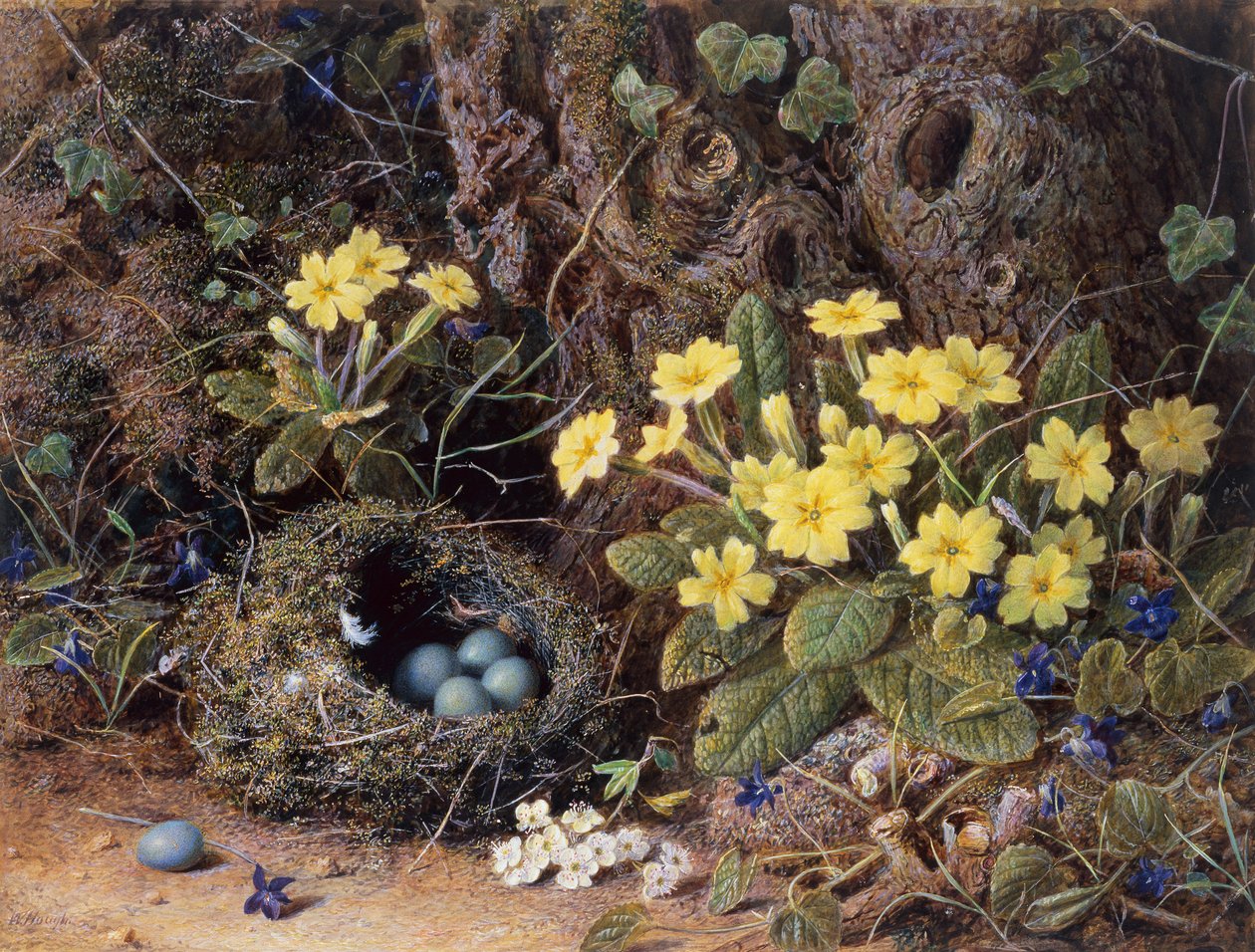 Naturaleza Muerta con un Nido de Pájaros, Primaveras y Violetas de William Hough