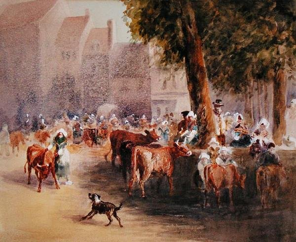 Mañana temprano en el mercado de ganado del pueblo (acuarela sobre papel) de William Hunt