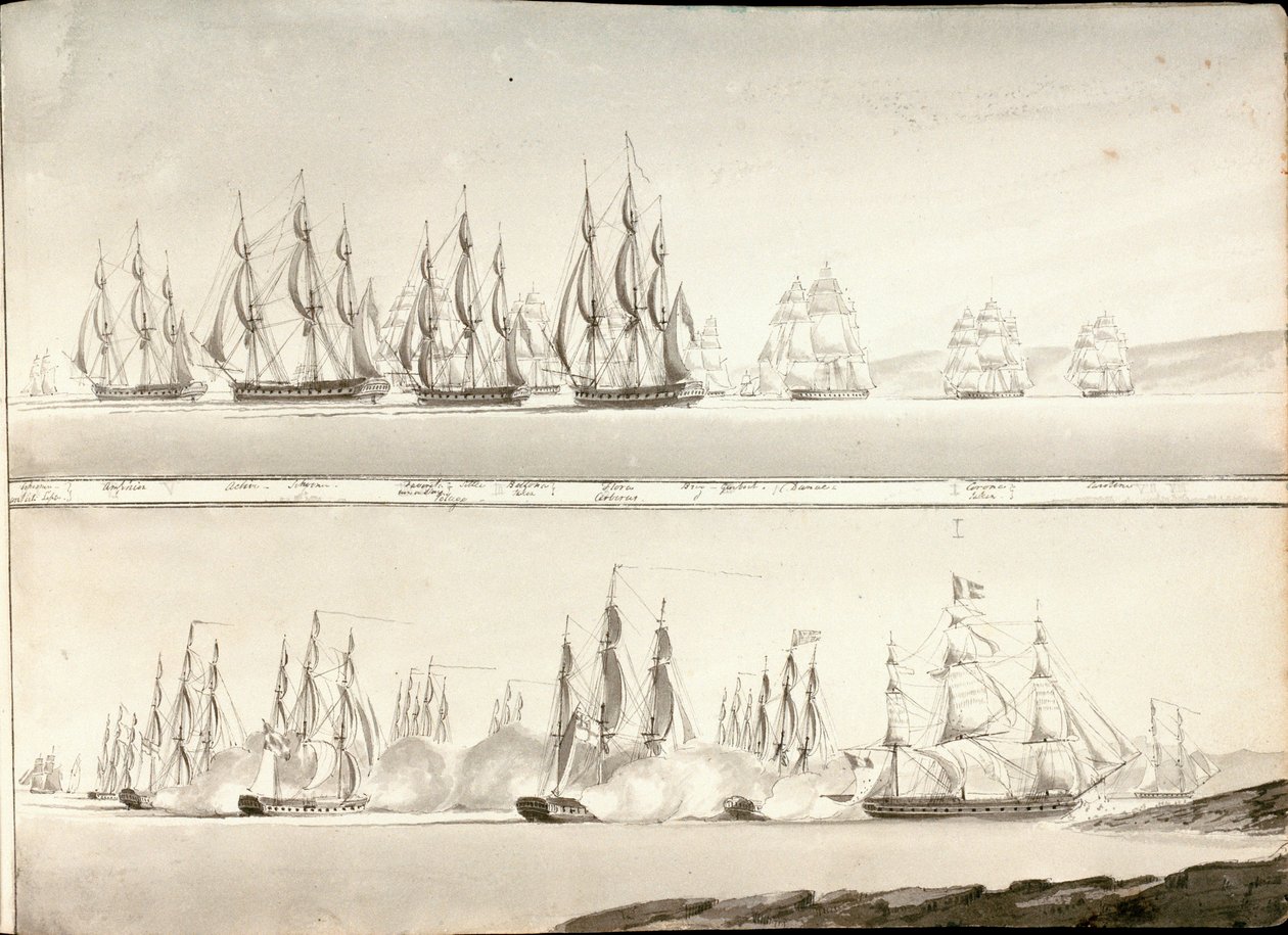 Diferentes modos de pintar línea de barcos de combate, principios del siglo XIX (pluma, aguada gris) de William Innes Pocock