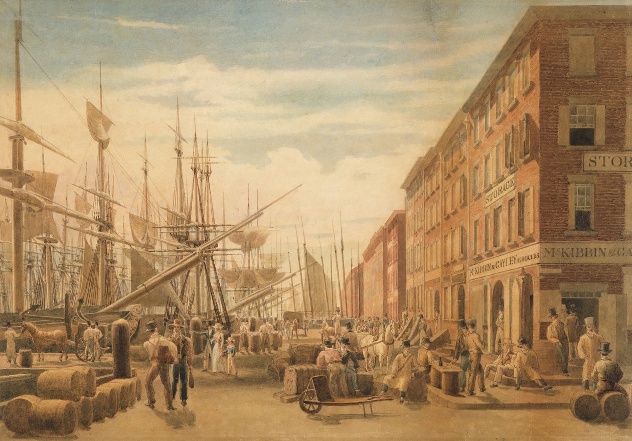 Vista de South Street, desde Maiden Lane, Ciudad de Nueva York, ca. 1827 de William James Bennett