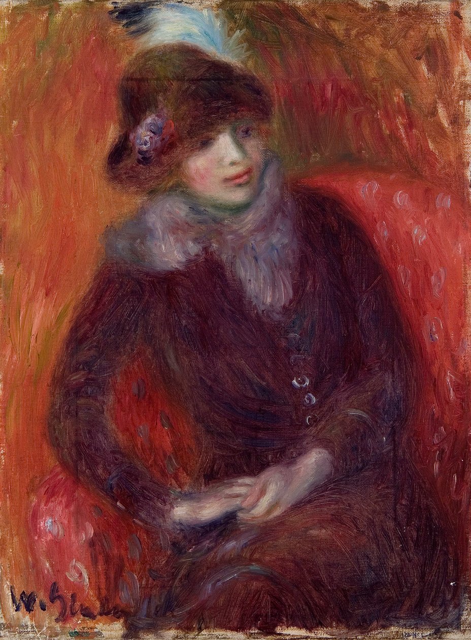 Mujer Sentada con Cuello de Piel y Fondo Rojo de William James Glackens