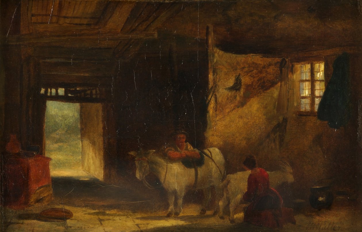 Interior Galés con Chica Ordeñando una Cabra de William James Muller