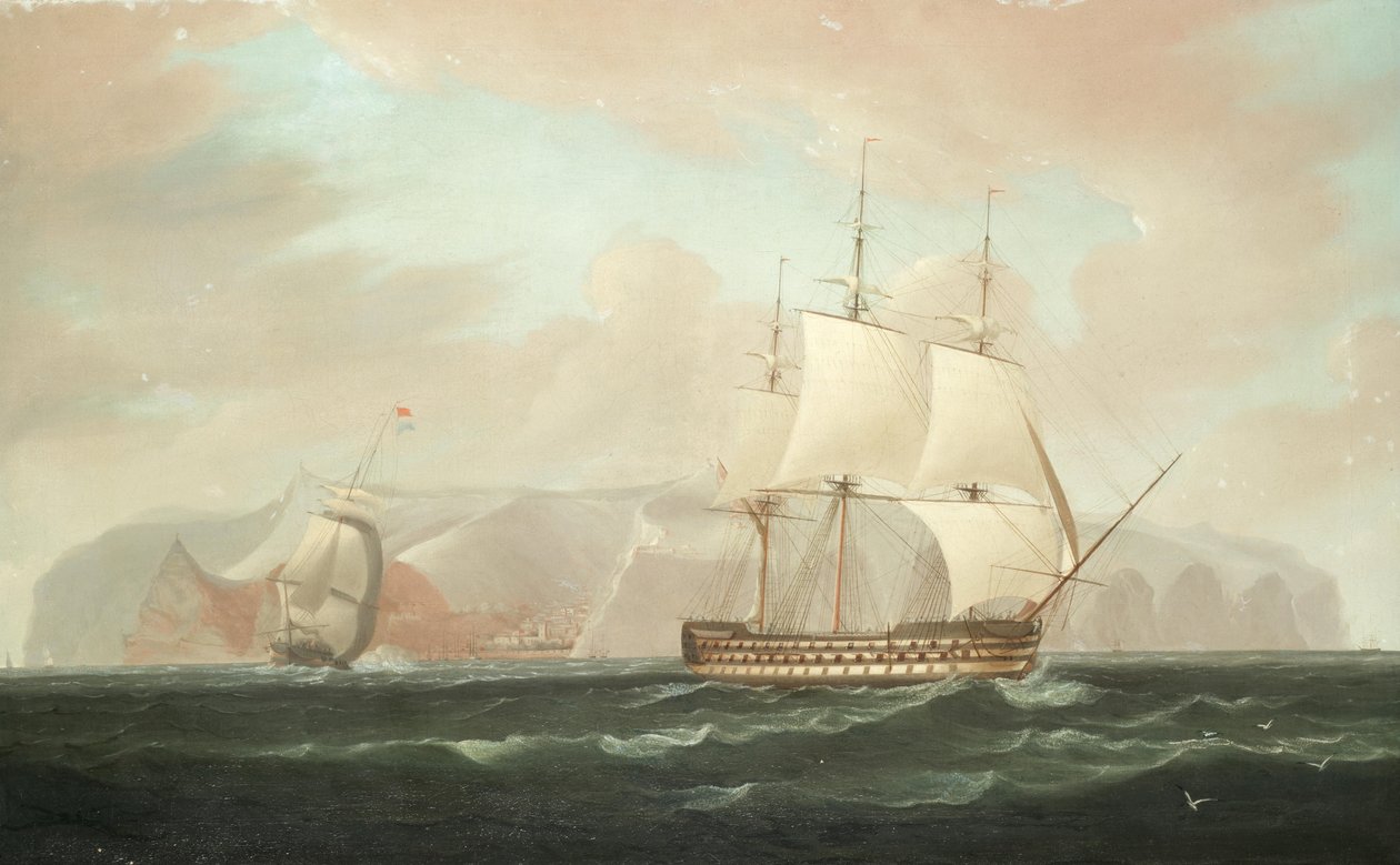 Un navío de línea de tres cubiertas se aleja de Jamestown, Santa Elena, con su fragata de escolta disparando una salva de despedida. de William John Huggins