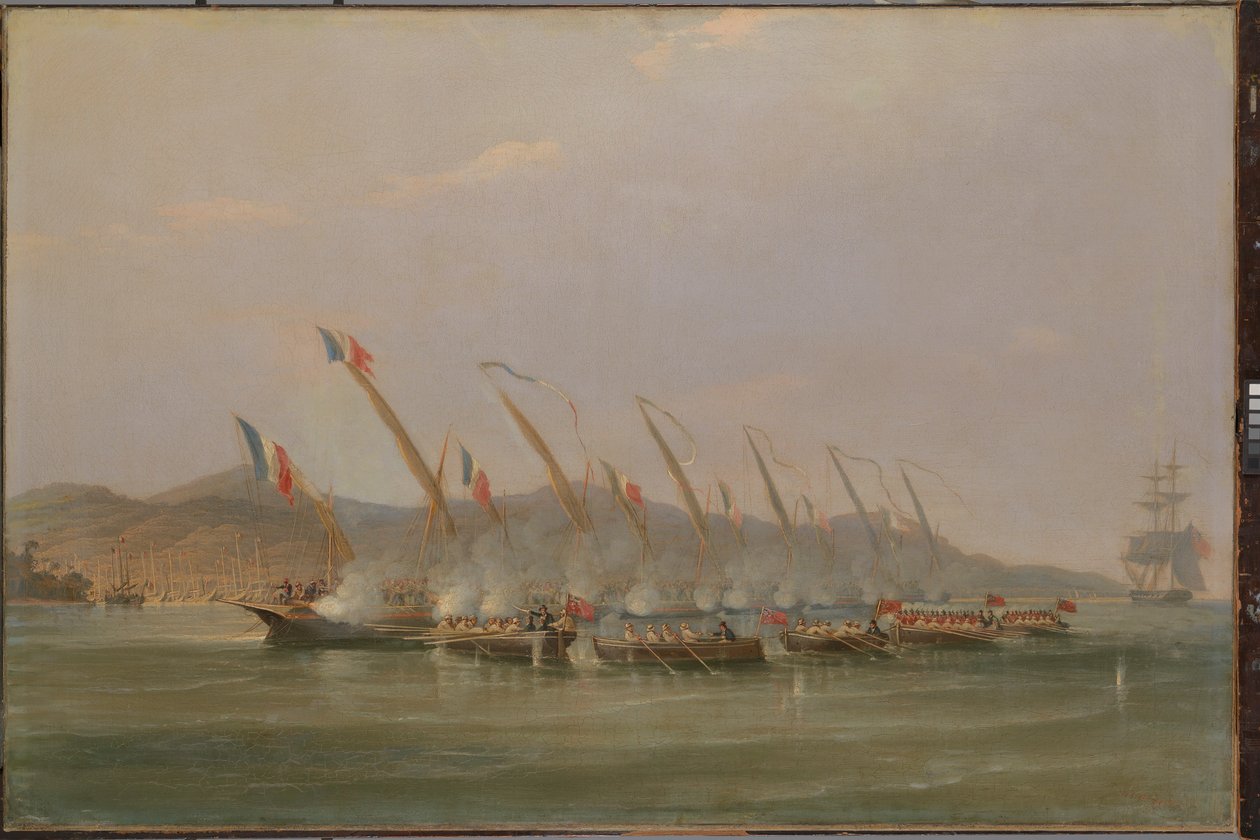 Capitán Robert Maunsell capturando cañoneras francesas frente a Java, julio de 1811, c.1811 (óleo sobre lienzo) de William John Huggins