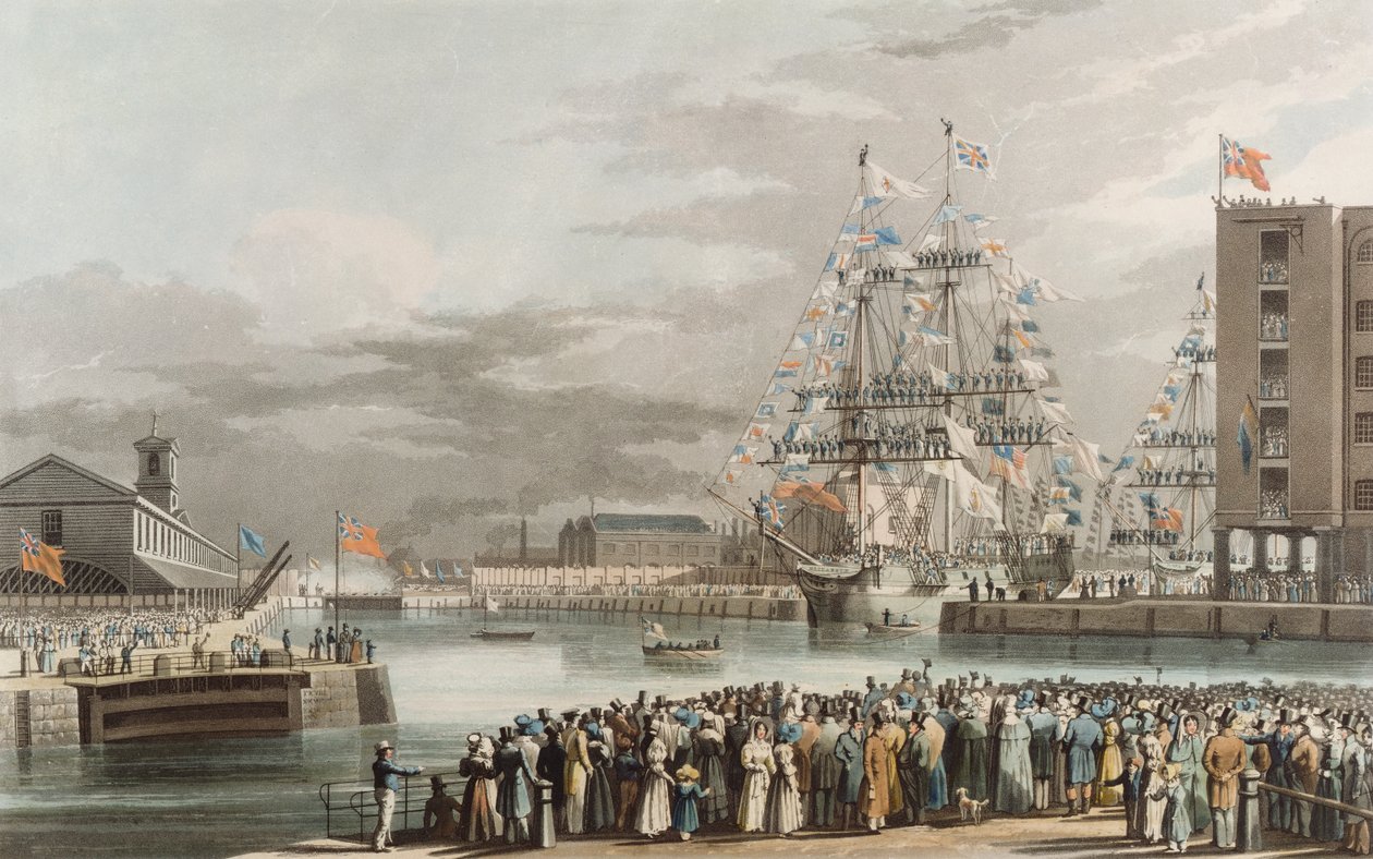 Muelle de St. Katherine: Apertura el 25 de octubre de 1828, grabado por E. Duncan de William John Huggins