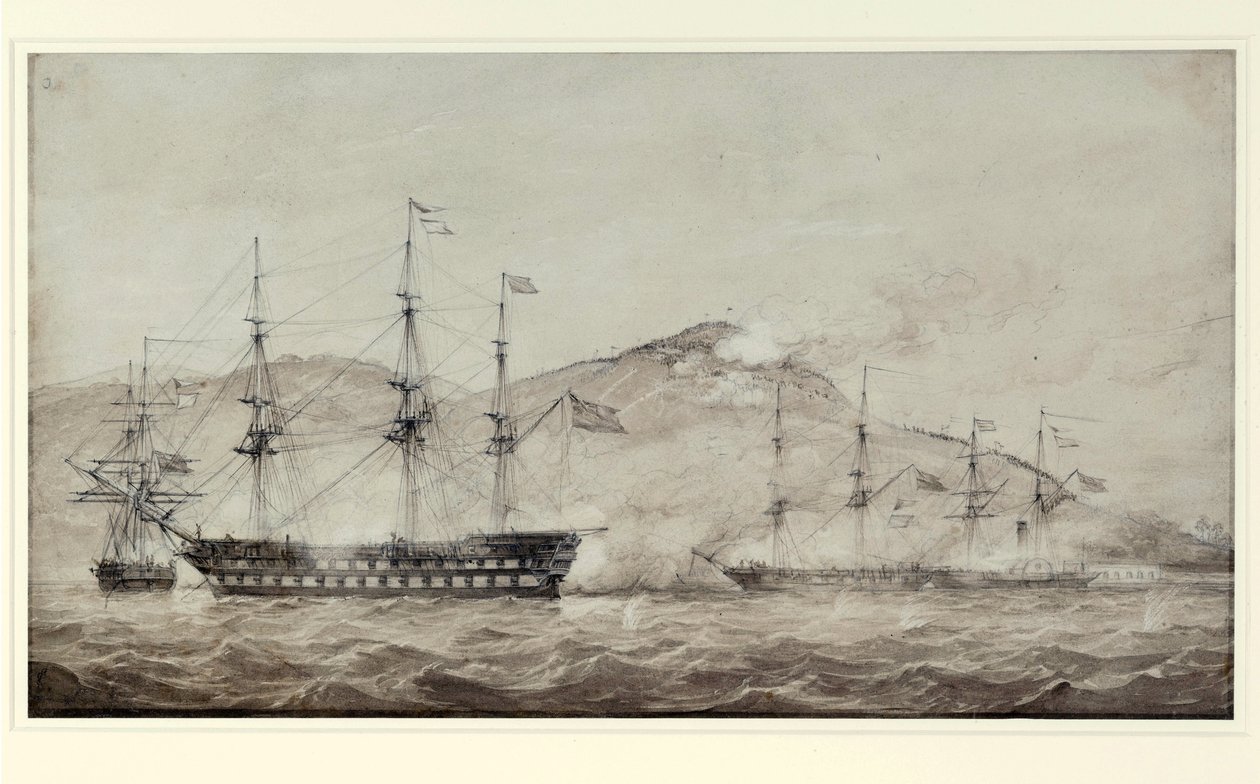Los buques HMS "Wellesley", "Columbine" y "Grisel", frente a Amoy (China), en 1841. Lavis de William Joy