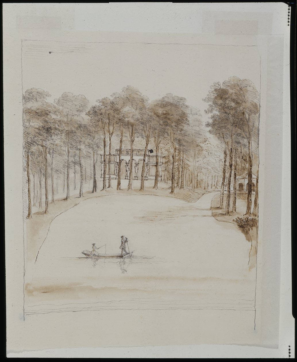 Casa de aves en Chiswick; estanque con una pareja en un bote, la mujer pescando de William Kent