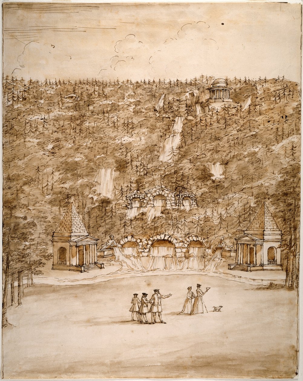 Chatsworth: diseño para una cascada, principios de la década de 1740 (pluma y tinta marrón con lavado marrón sobre lápiz sobre papel) de William Kent