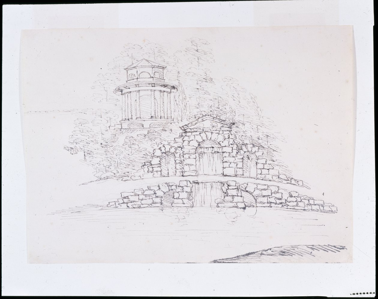 Chiswick, diseño para una cascada rocosa con un templo dórico octogonal en la terraza trasera de William Kent