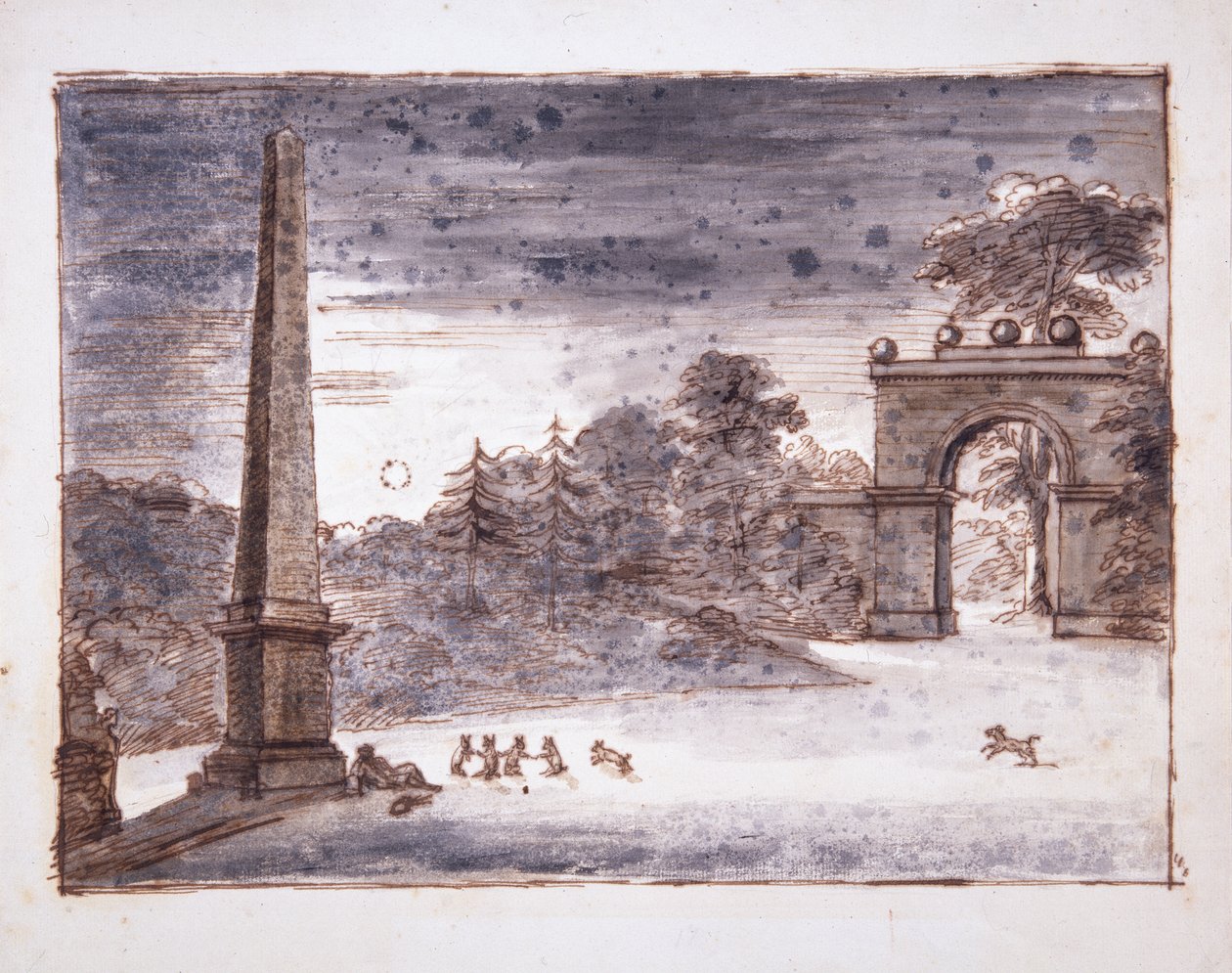 Chiswick, la puerta de Burlington Lane y el obelisco a la luz de la luna con Kent sentado junto al obelisco soñando, y con conejos jugando, c.1732 de William Kent