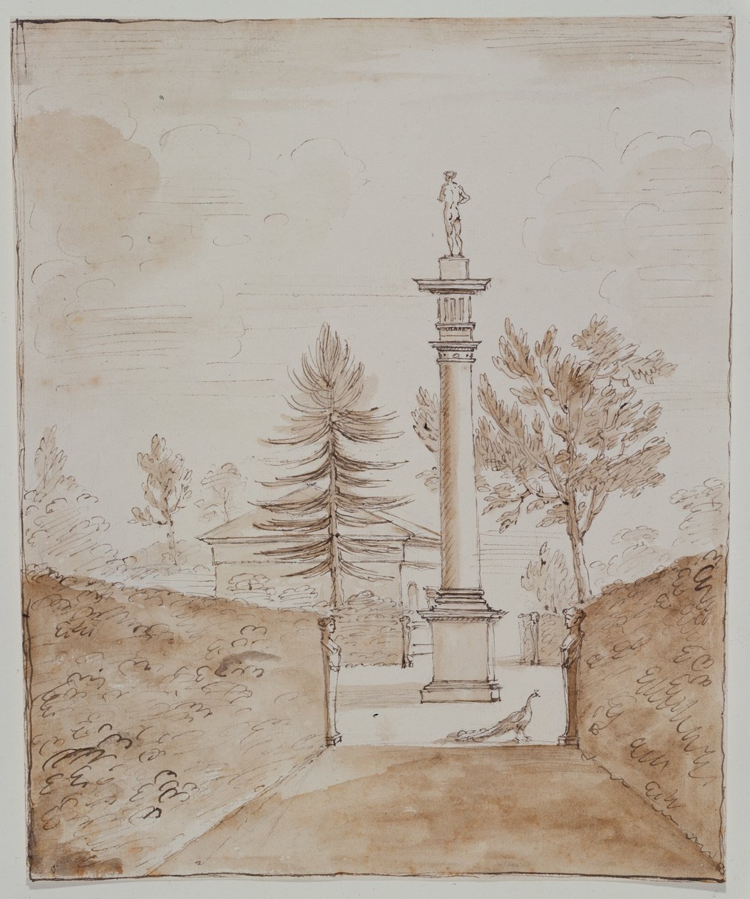 Chiswick, vista de la Columna Dórica con la estatua de Venus de Medici, y un vistazo al lado de la casa de los ciervos de William Kent