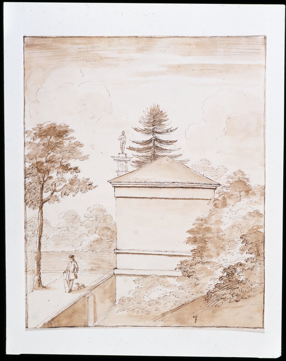 Chiswick, vista del lado de la Casa de los Ciervos tomada desde el terraplén interior del ha-ha del recinto de los ciervos y con un vistazo a la Columna Dórica de William Kent