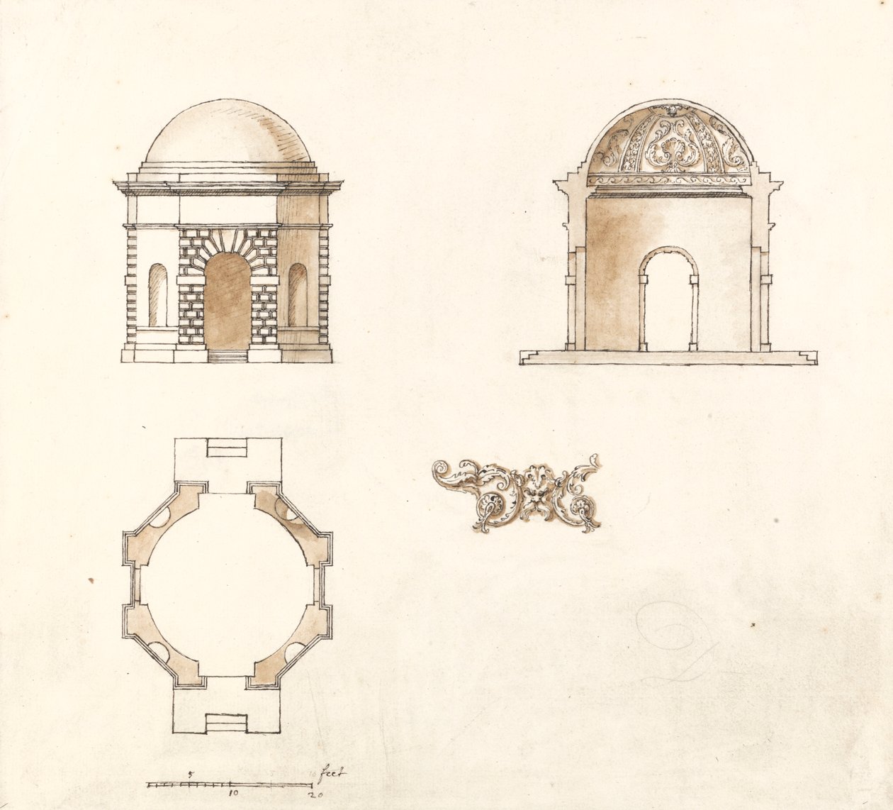 Templo octogonal en Shotover Park, Oxfordshire: Planta, sección y alzado de William Kent