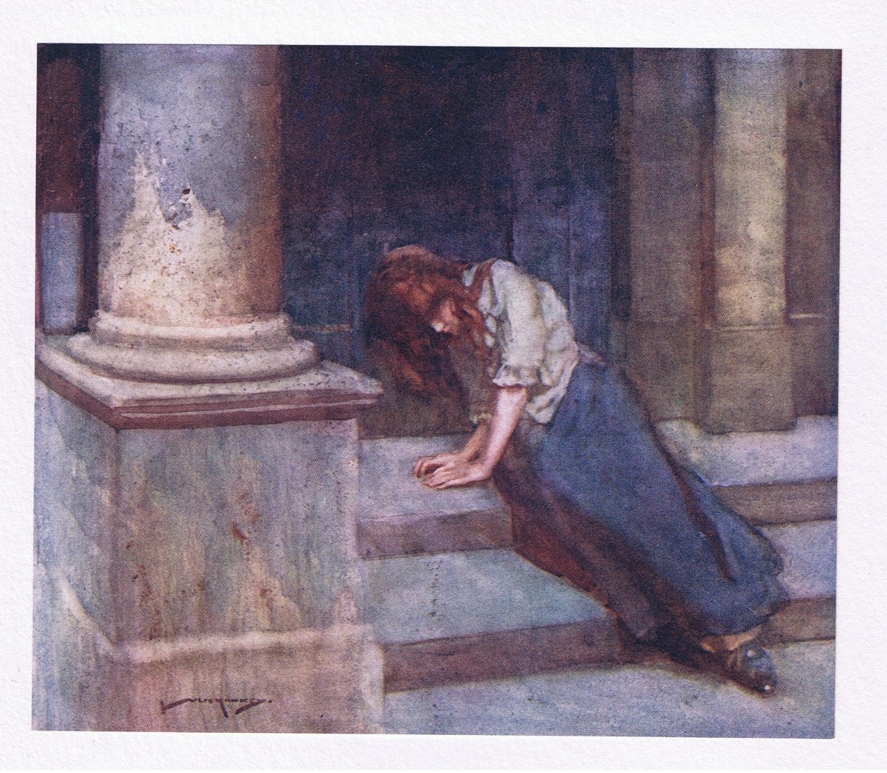 Y, pellizcado de frío, y encogiéndose ante el chaparrón, con el corazón encogido deplora aquella hora sin suerte (litografía en color) de William Lee Hankey