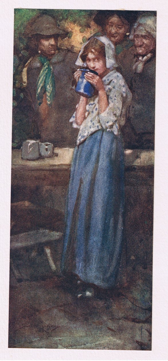 Ni la tímida doncella, medio dispuesta a que la aprieten, besará la copa para pasarla al descanso (litografía en color) de William Lee Hankey