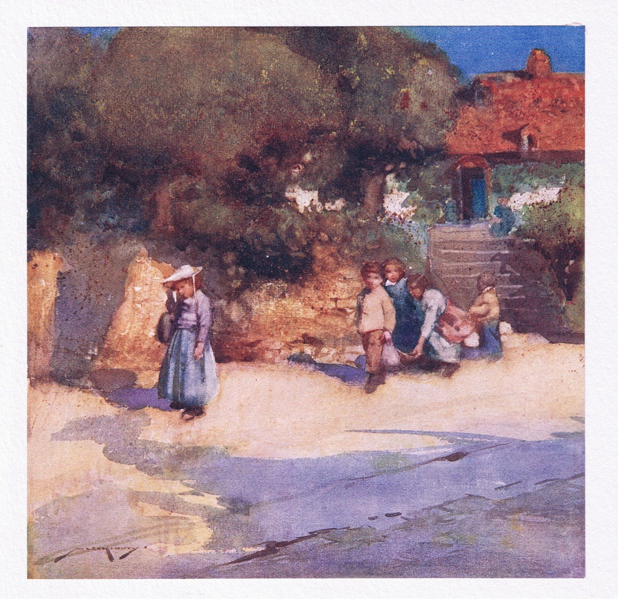 Los niños juguetones acaban de salir del colegio (litografía en color) de William Lee Hankey