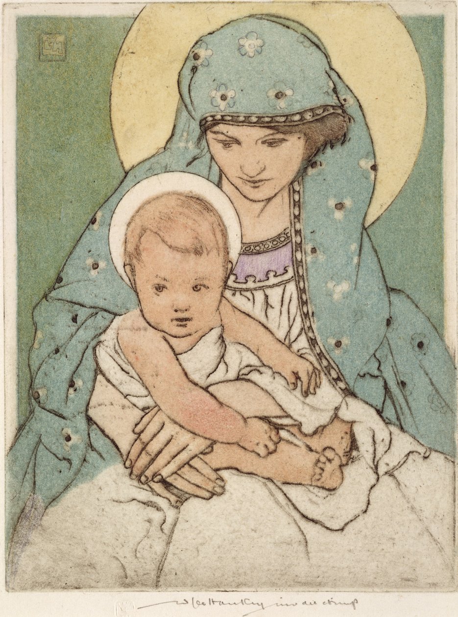 Virgen María con el Niño Jesús (punta seca coloreada a mano) de William Lee Hankey