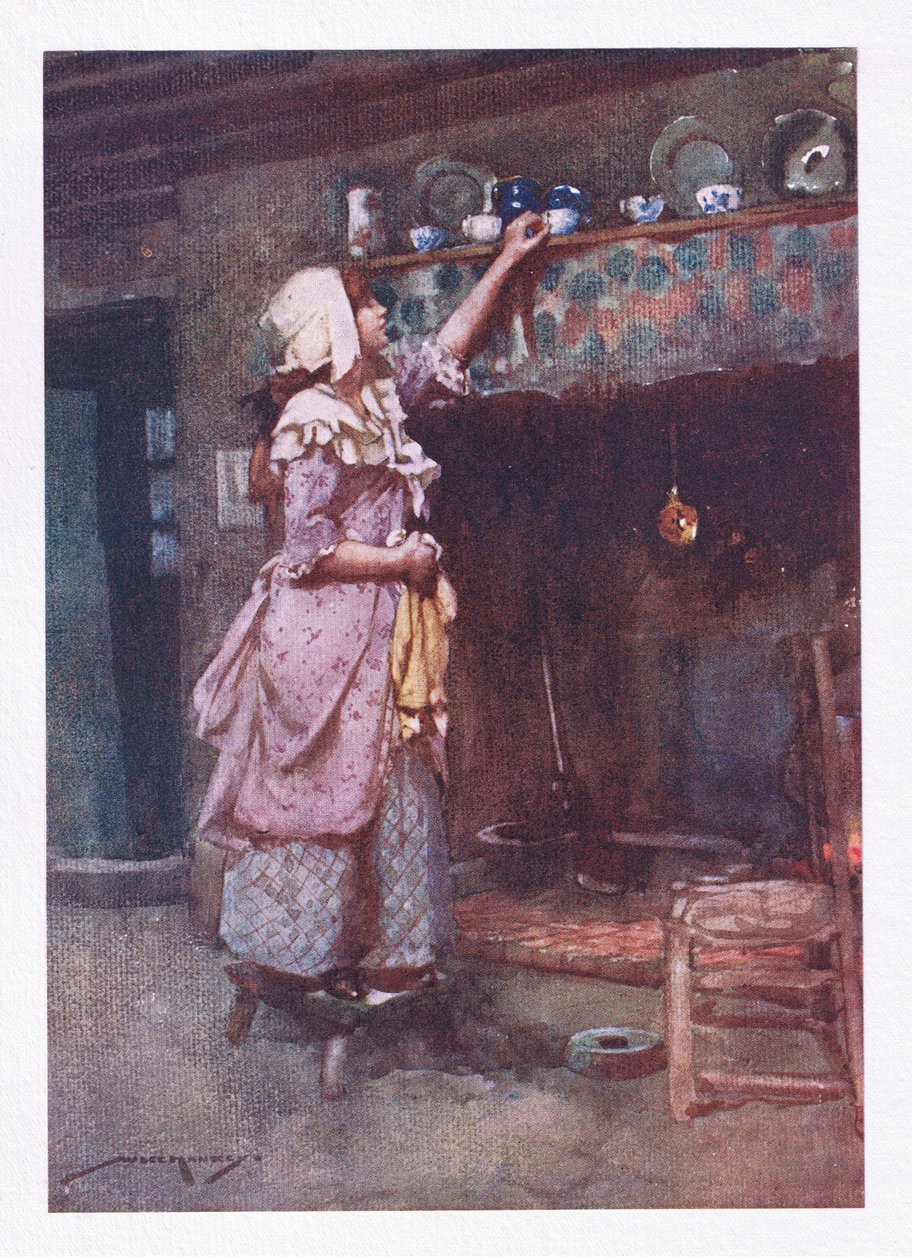Mientras las tazas de té rotas, sabiamente guardadas para el espectáculo, colocadas sobre la chimenea, brillaban en fila (litografía en color) de William Lee Hankey