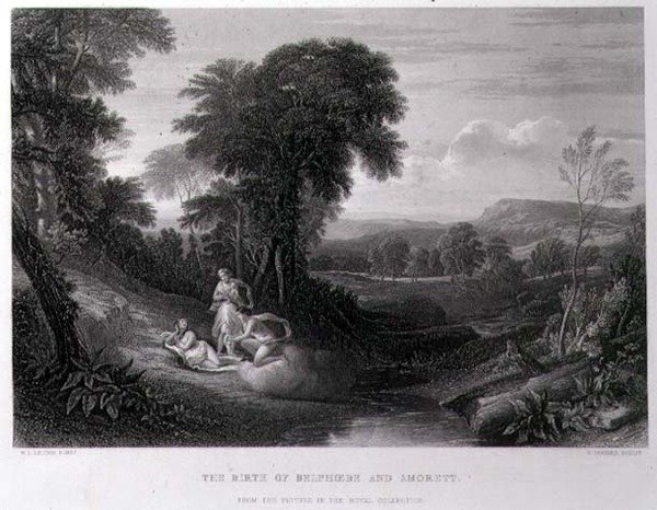 El Nacimiento de Belphoebe y Amorett, grabado por John Cousen de William Leighton (after) Leitch