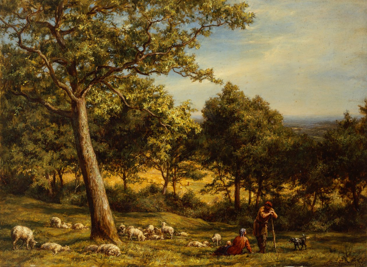 Un pastor y su rebaño en un paisaje boscoso iluminado por el sol de William Linnell