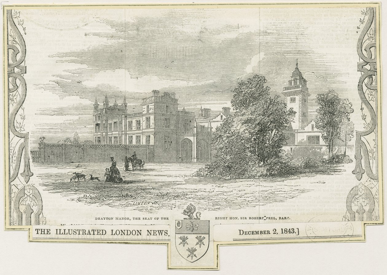 Draton Bassett - "Drayton Manor": grabado en madera, nd [c 1843] de William Linton